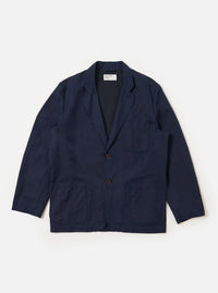 The Navy Linen Slub Weave Two Button Jacket is displayed as a flat lay against a plain white background. The jacket features notched lapels, a two-button front closure, and two flap pockets at the waist. The navy blue fabric has a prominent slub texture with visible variations in the weave.