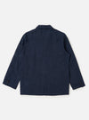 The Navy Linen Cotton Shirting Dizzy Jacket is shown from a rear perspective, laid flat against a solid white background. The image highlights the horizontal back yoke, a central vertical seam, and the straight hem of the garment. The textured navy fabric and clean stitching are clearly visible.