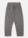 The Mid Grey Linen Slub Weave Dizzy Trouser is shown from a rear angle, laid flat against a plain white background. The image highlights the two rear patch pockets, including one with a buttoned flap, the elasticated waistband, and the textured slub weave of the mid-grey fabric.