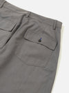 The Mid Grey Linen Slub Weave Dizzy Trouser is shown from the back, laid flat against a plain white background. The image highlights the elasticated waistband and two rear pockets: one with a buttoned flap and one buttoned jetted pocket. The mid-grey fabric features a visible slub weave texture.