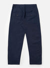 The Navy Linen Slub Weave Dizzy Trouser is shown from the back as a flat lay against a plain white background. The image highlights the two large rear buttoned flap patch pockets and the loose, wide-leg cut. The textured navy blue linen-cotton fabric is the primary focus.