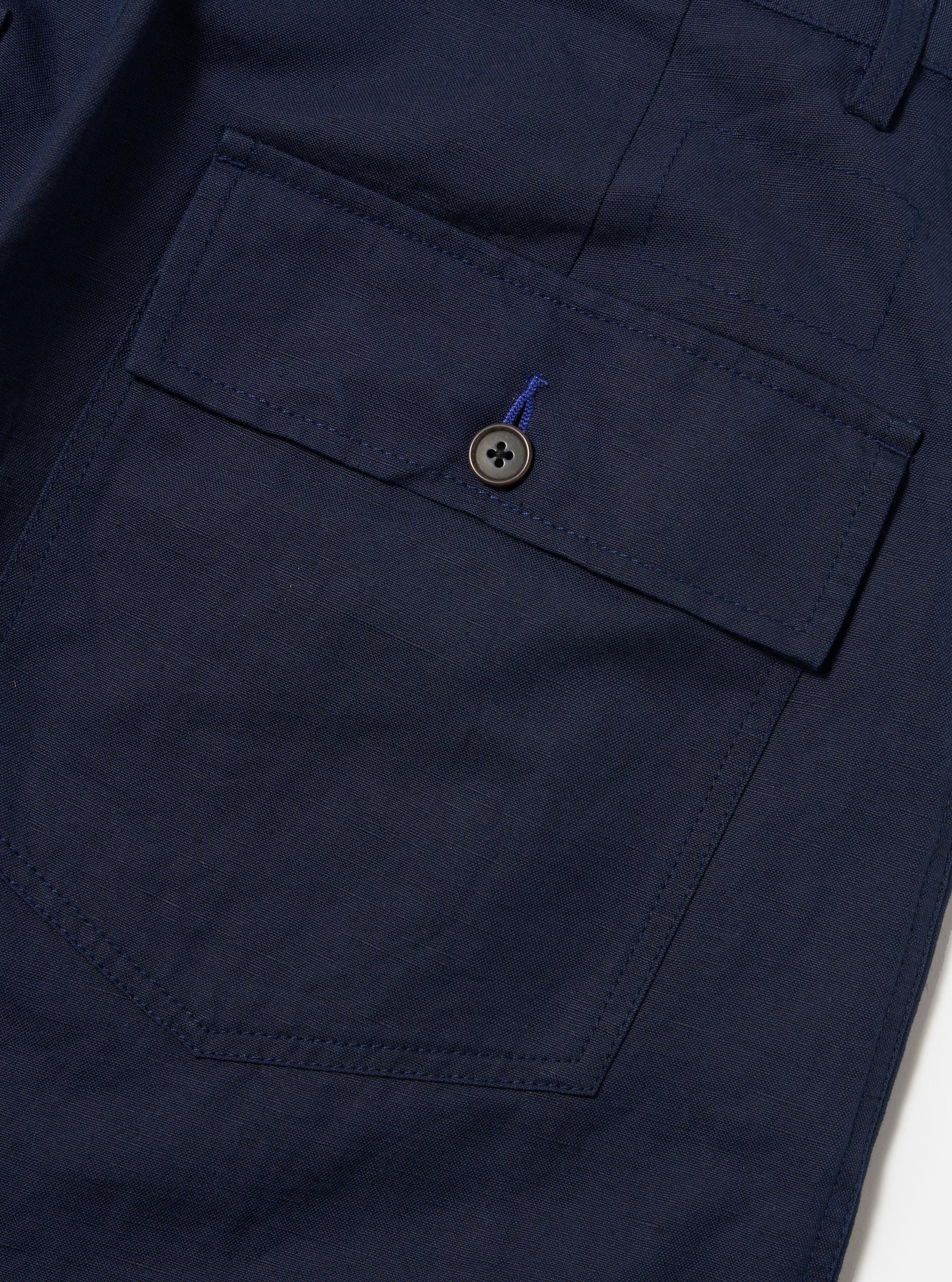 A pair of Navy Linen Slub Weave Dizzy Trousers is shown from the back, laid flat against a plain white background. The image highlights the wide-leg silhouette, the textured navy blue linen slub fabric, and a single rear patch pocket.
