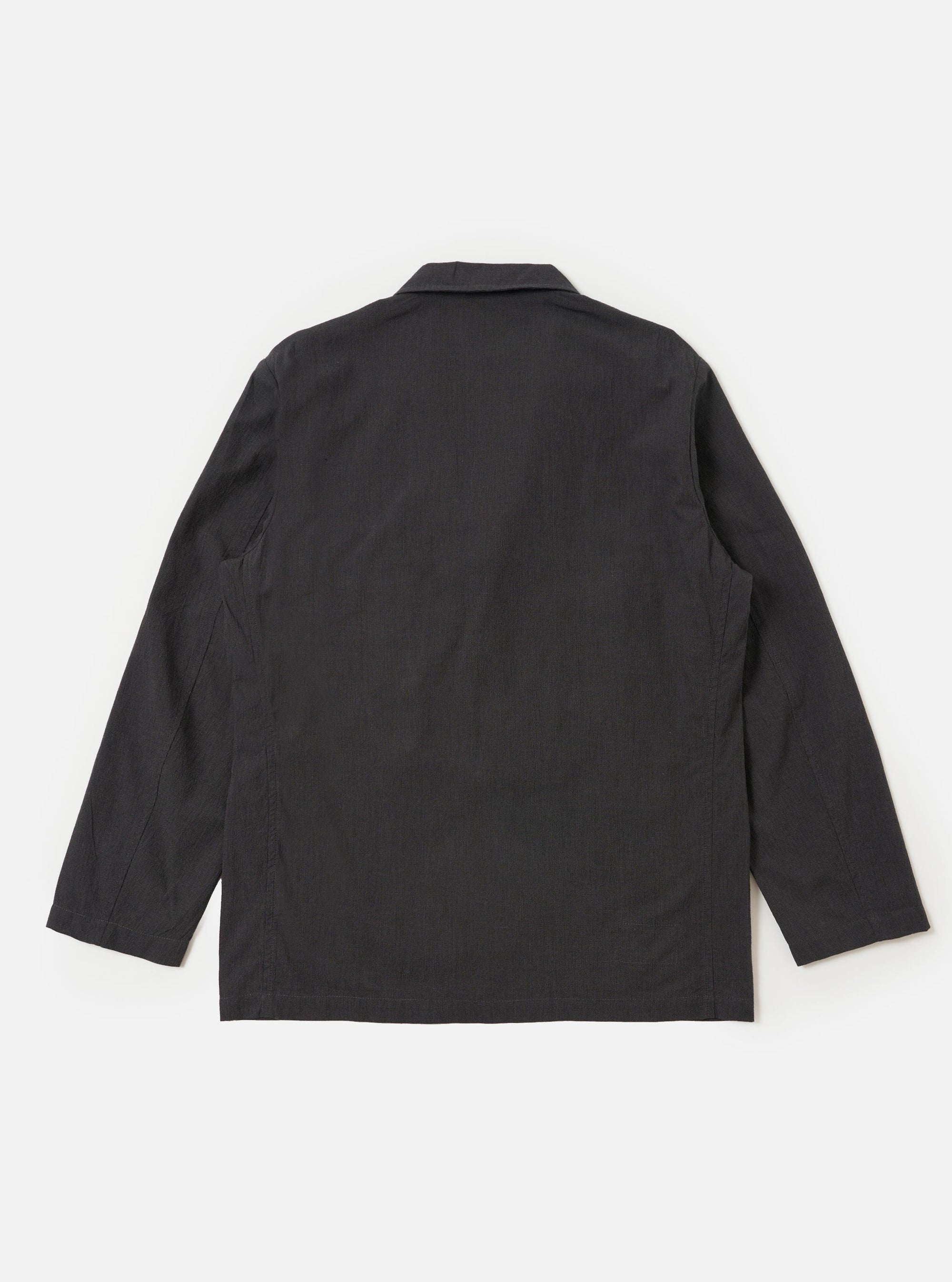 The Charcoal Seattle Cotton Two Button Jacket is shown from a rear perspective, laid flat against a plain white background. The image highlights the clean construction of the back, featuring a central seam and a straight hem.