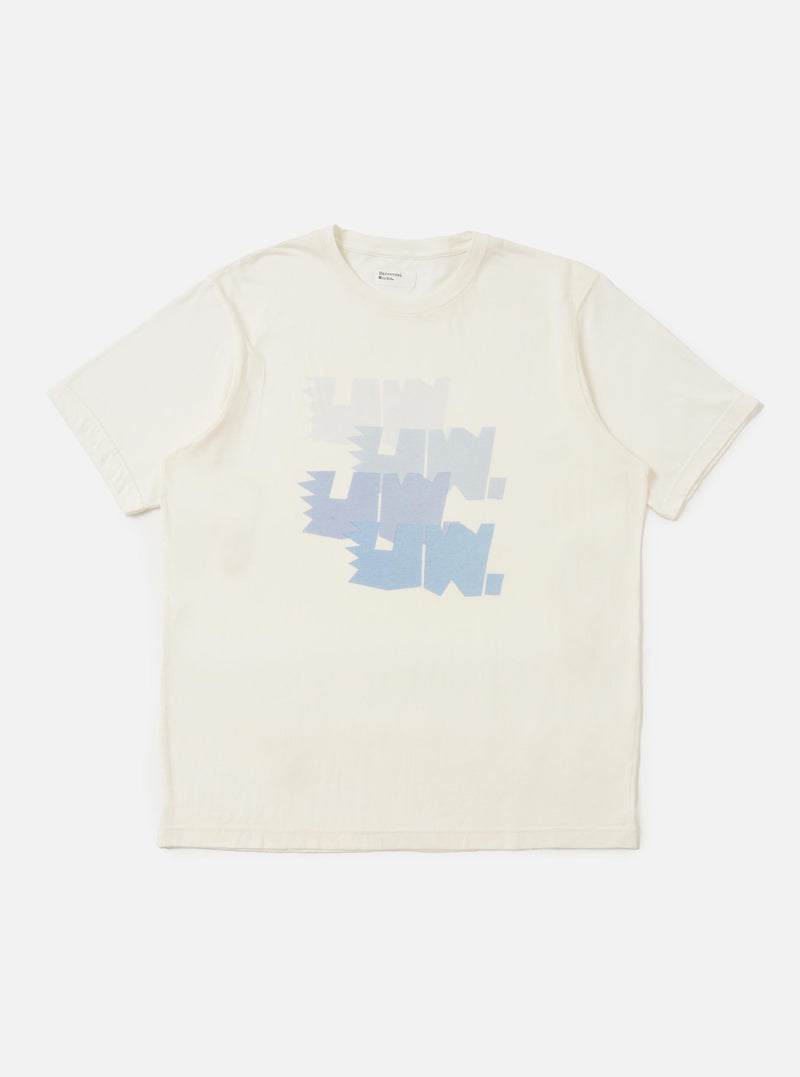 The Ecru Single Jersey Multi UW Print Multi UW Print Tee is displayed flat against a plain white background. The short-sleeve T-shirt features a simple crew neck and a prominent four-color graduated UW graphic print on the front.