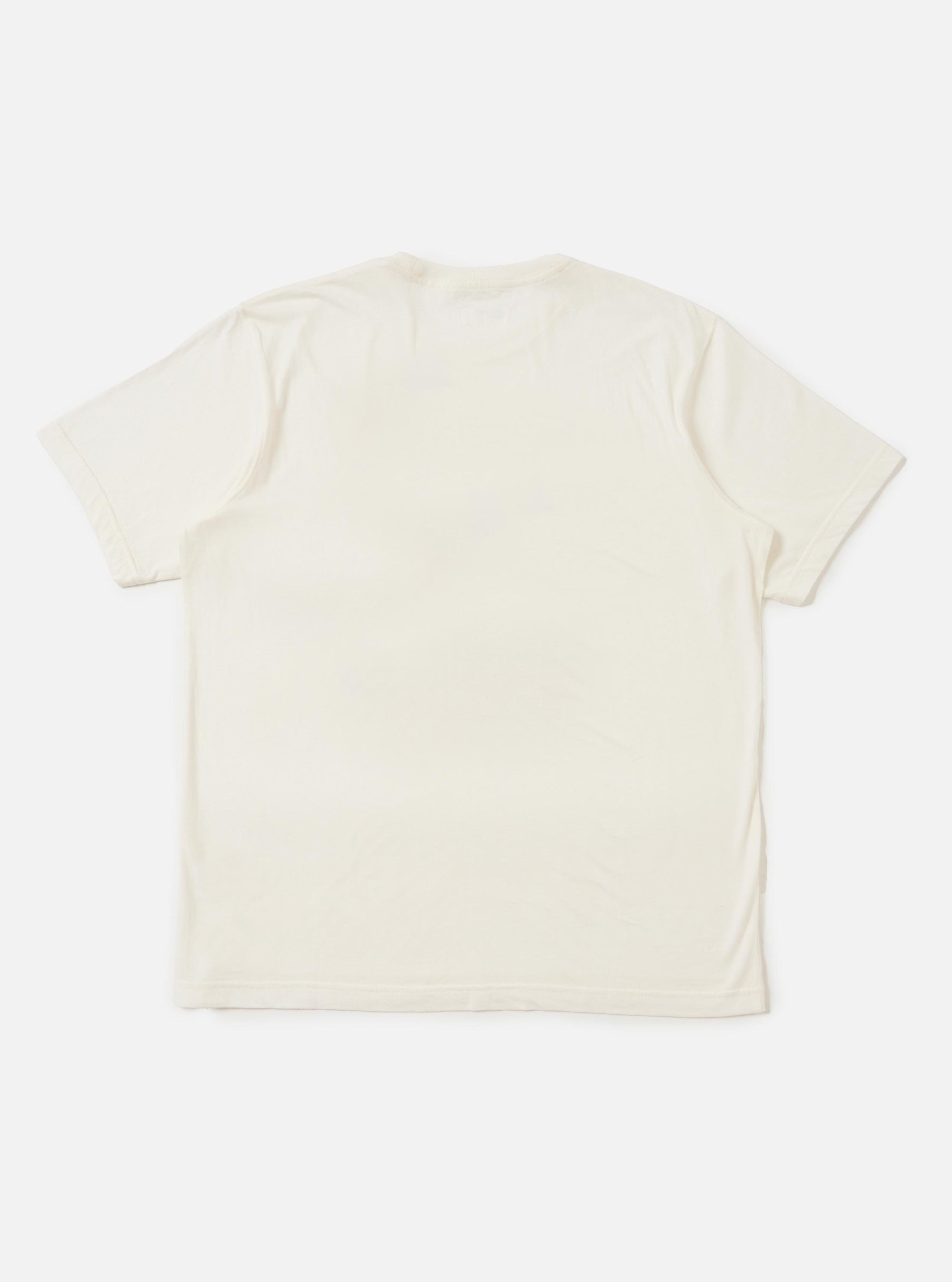An Ecru Single Jersey Multi UW Print T-shirt is shown from the back, laid flat against a plain white background. The image highlights the graduated four-color Universal Works print across the upper back and the simple crew neck construction.