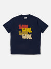 The Navy Single Jersey Multi UW Print Multi UW Print Tee is shown laid flat against a solid white background. The navy blue t-shirt features a repeat white graphic print of the Universal Works logo across the entire garment. It has a classic crew neckline and short sleeves.