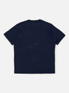 A navy single jersey T-shirt with a multi-colored graduated print is displayed flat against a plain white background. The shirt features a classic crew neck and short sleeves, with the colorful Universal Works logo printed across the chest.