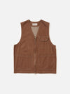 A Brown Meco Denim Marine Gilet is displayed flat against a plain white background. The garment features a button-down front, a simple v-neckline, and two large patch pockets at the waist. The brown denim fabric shows a visible texture.