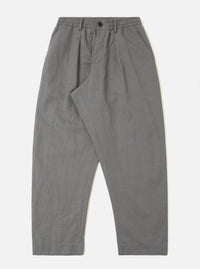 A pair of mid-grey linen slub weave Oxford pants is displayed flat against a plain white background. The trousers feature a wide-leg cut, an elasticated waistband with a matching grey drawstring, a single front pleat, and side pockets. The fabric shows a visible slub texture.