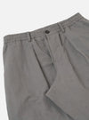The Mid Grey Linen Slub Weave Oxford Pant is shown from the back, laid flat against a plain white background. The image highlights the two rear pockets, featuring one buttoned flap pocket and one buttoned jetted pocket, as well as the elasticated waistband and the textured slub weave of the mid-grey fabric.