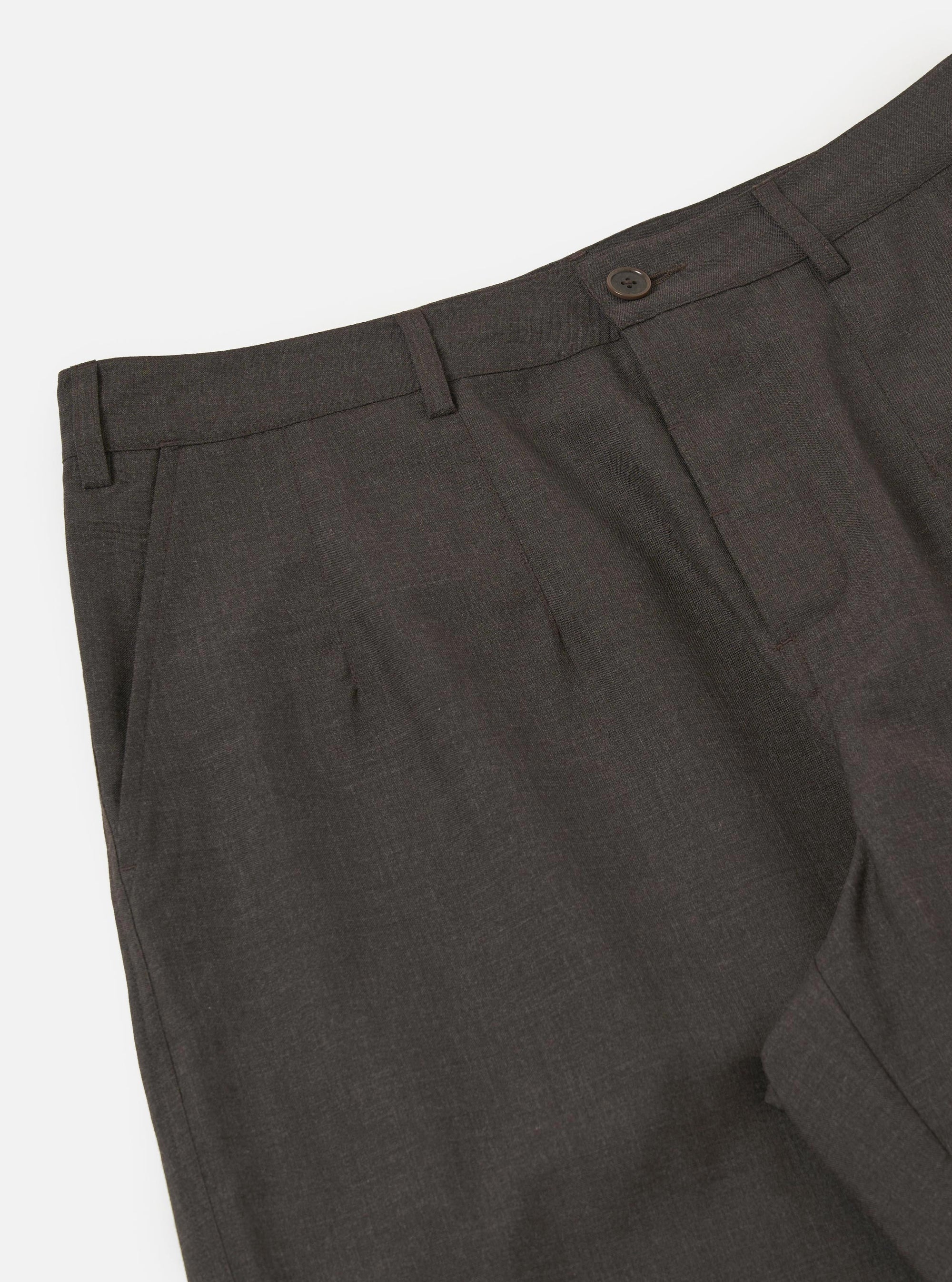The Brown Marl Tropical Suiting Dutch Pant is shown from a rear perspective, laid flat against a plain white background. The image highlights the trousers' wide-leg silhouette, the textured brown marl fabric, and two rear pockets.