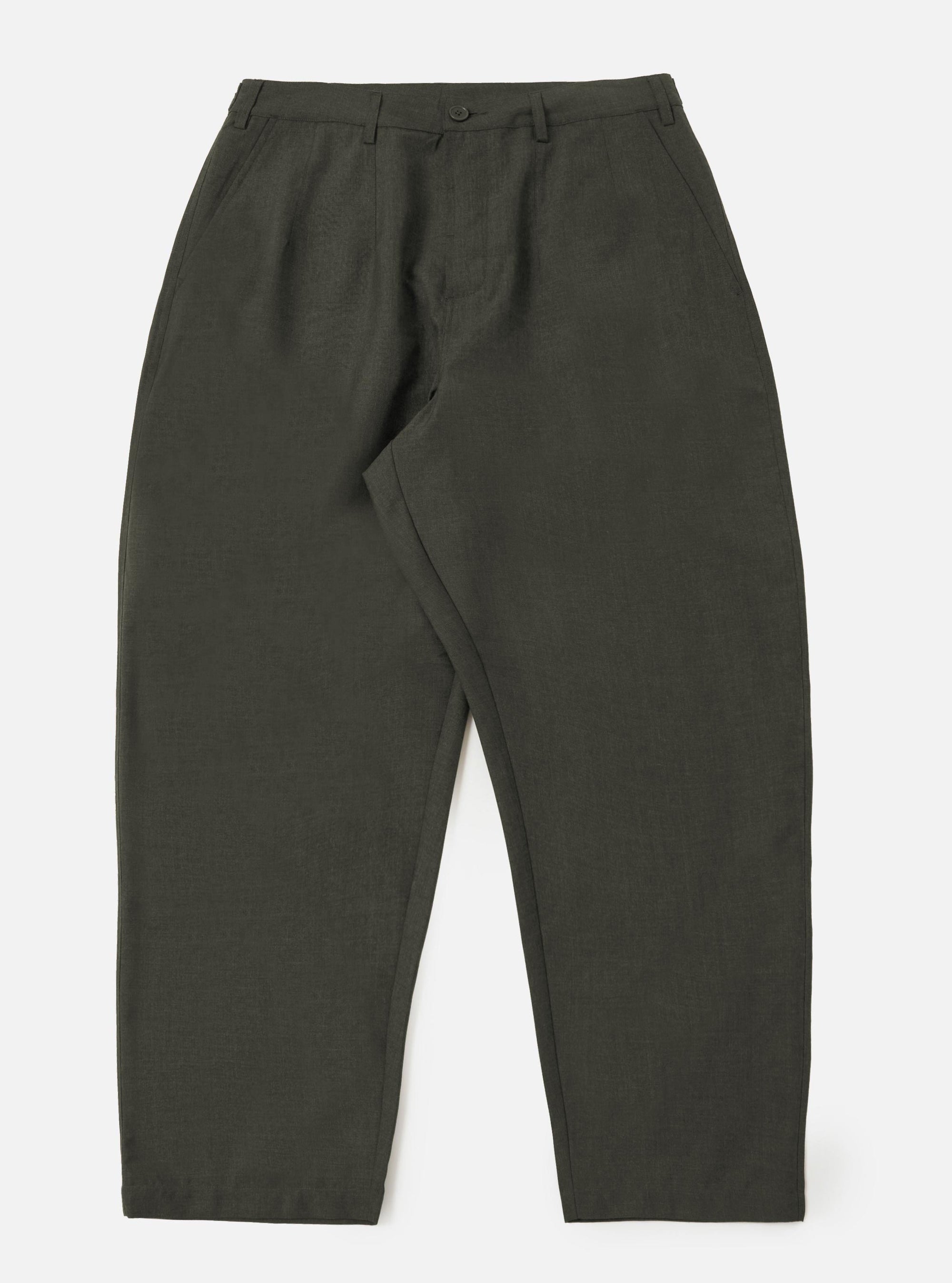 A pair of Olive Marl Tropical Suiting Dutch Pants is shown laid flat against a solid white background. The trousers feature a very wide, loose leg with stitched-down front darts that provide shape. Visible details include a button fly, side buckle waist adjusters, and two front hand pockets.