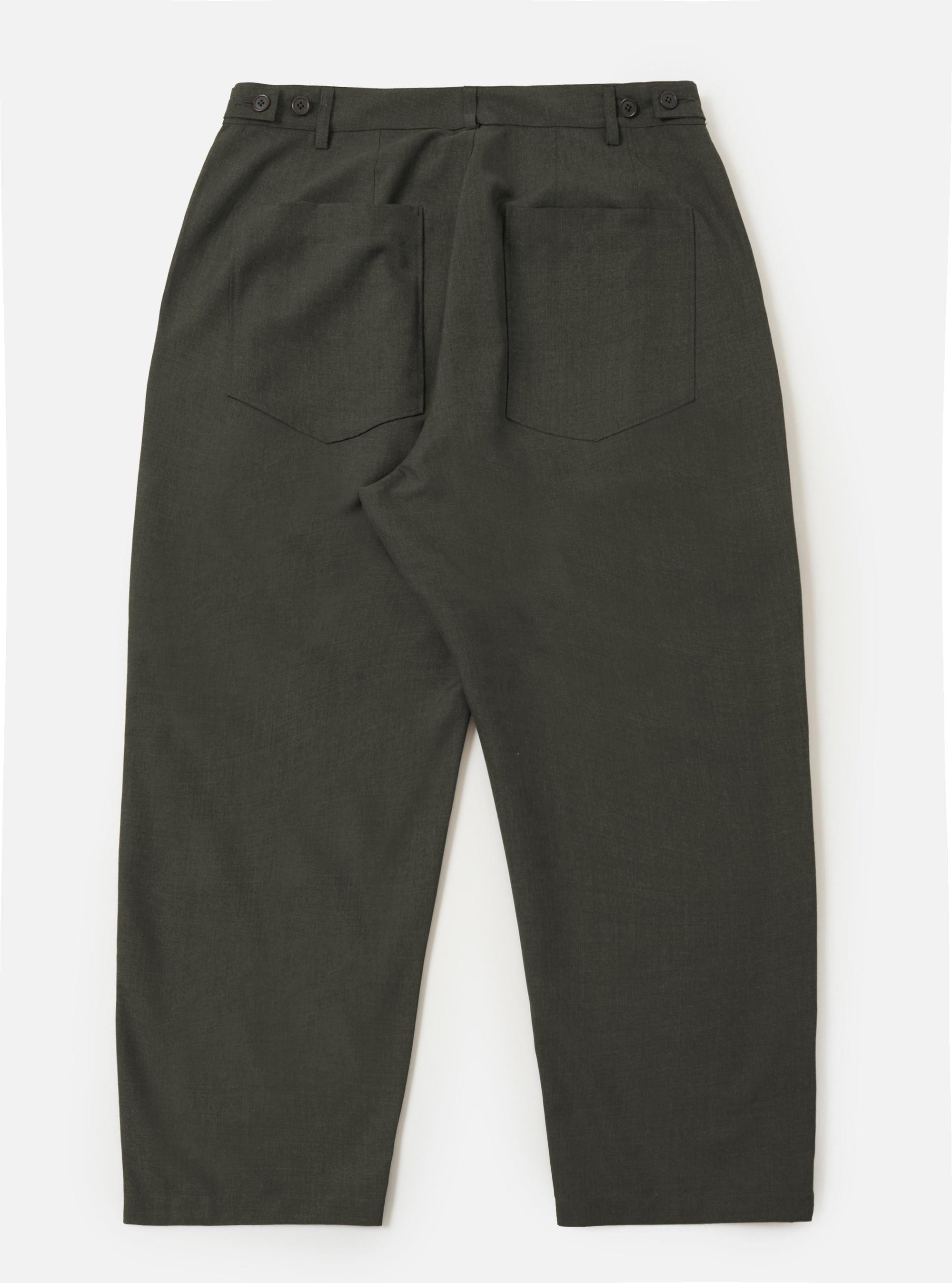 The back of the Olive Marl Tropical Suiting Dutch Pant is shown laid flat against a solid white background. These trousers feature a loose, wide-leg fit and are crafted from a textured olive green marl tropical suiting fabric. The image highlights the rear construction and the wide silhouette of the legs.