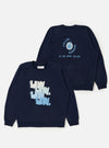 The Navy Brush Back Sweat FM Raglan Sweatshirt is shown laid flat against a plain white background. The image displays both the front and back of the navy blue sweatshirt, highlighting the crew neck, raglan sleeves, and ribbed trim at the collar, cuffs, and hem.