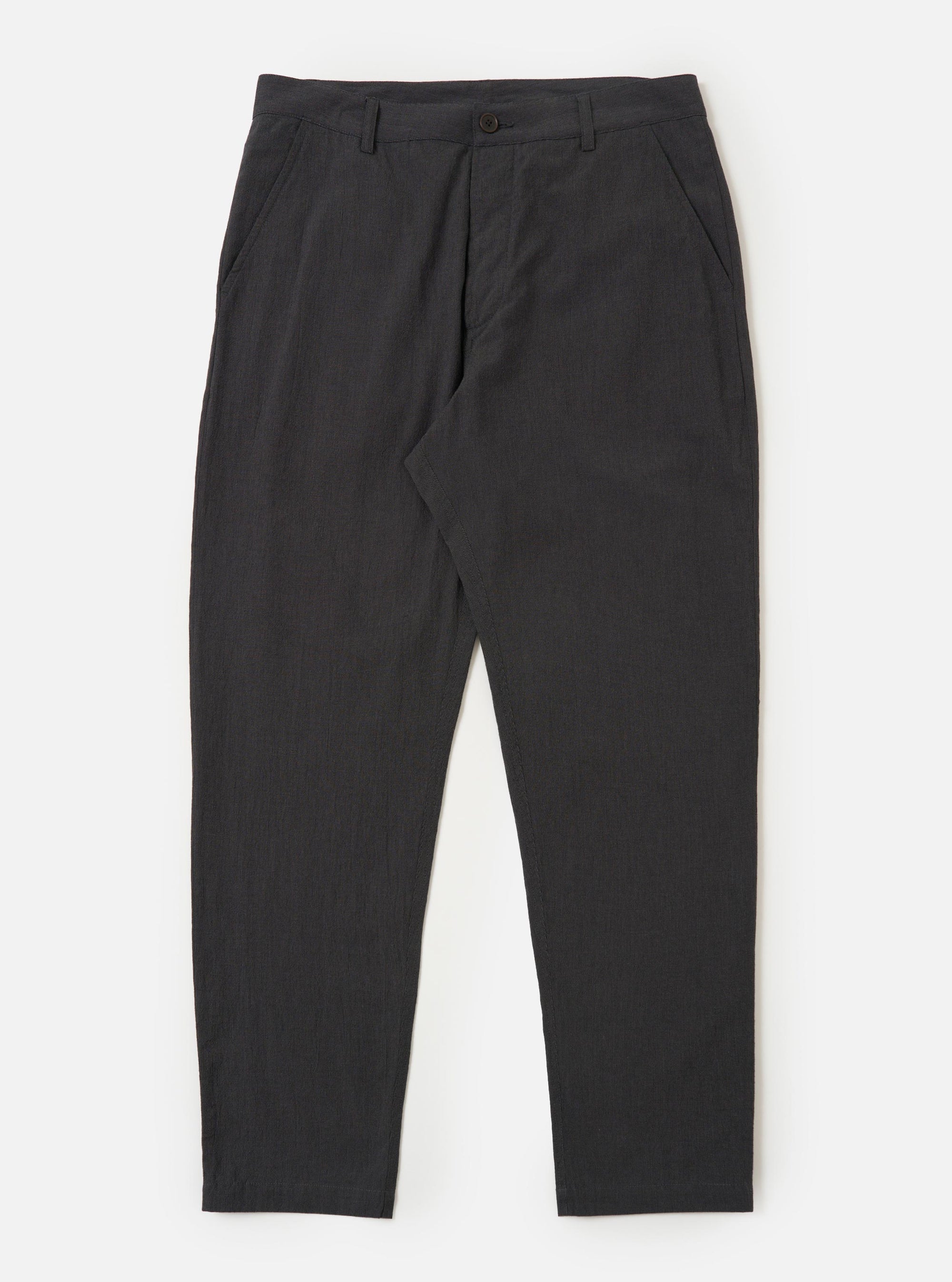 A pair of charcoal grey cotton military chinos is displayed flat against a plain white background. The trousers feature a straight leg, side slip pockets, and a buttoned waistband.
