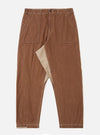 A pair of brown Meco denim patched fatigue pants is displayed flat against a plain white background. The trousers feature a straight leg, large front patch pockets with contrast stitching, and a buttoned waistband.