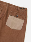 A pair of brown Meco denim patched fatigue pants is shown from the rear, laid flat against a plain white background. The image highlights the two large patch pockets on the back and the straight leg cut of the trousers.