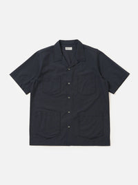 A navy check plaid summer overshirt is displayed flat against a plain white background. The garment features a classic collar, a full-length button placket, and long sleeves.