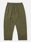 A pair of Olive Broadcloth Oxford Pants is shown laid flat against a solid white background. The trousers feature a wide-leg silhouette with a single pleat on each front leg, an elasticated waistband with an internal drawstring, and a visible button fly.