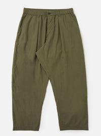 A pair of Olive Broadcloth Oxford Pants is shown laid flat against a solid white background. The trousers feature a wide-leg silhouette with a single pleat on each front leg, an elasticated waistband with an internal drawstring, and a visible button fly.