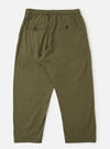 The Olive Broadcloth Oxford Pant is shown from a rear perspective, laid flat against a solid white background. The image highlights the wide-leg silhouette and two rear pockets: one a buttoned flap pocket and the other a buttoned jetted pocket.