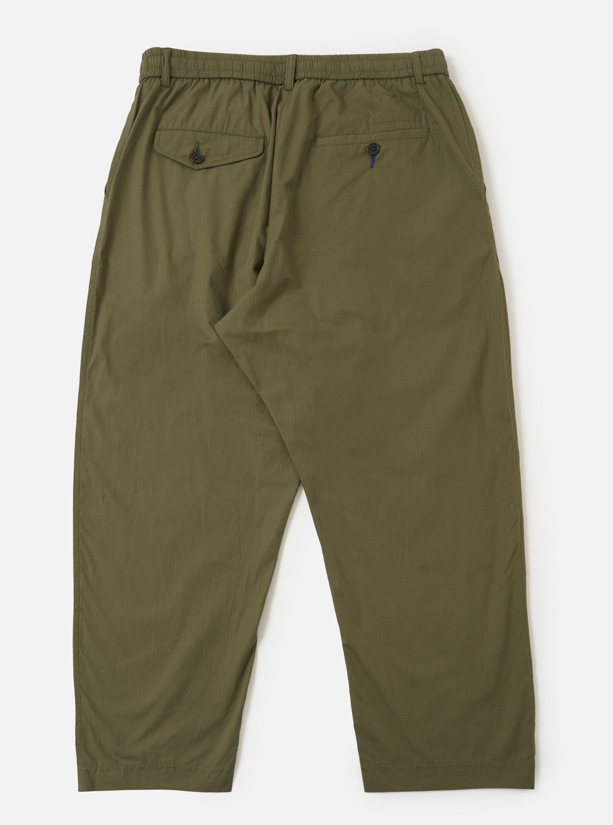 The Olive Broadcloth Oxford Pant is shown from a rear perspective, laid flat against a solid white background. The image highlights the wide-leg silhouette and two rear pockets: one a buttoned flap pocket and the other a buttoned jetted pocket.