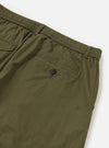 The Olive Broadcloth Oxford Pant is shown from a rear perspective, laid flat against a solid white background. The image highlights the back of the waistband, which includes a central hanging loop and two large patch pockets with buttoned flap closures.