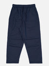 A pair of Navy Linen Cotton Shirting Parachute Pants is shown laid flat against a solid white background. The trousers feature a loose, relaxed fit with an elasticated waistband and a visible drawstring. Key details include angled front hand pockets and pronounced darting at the knees to create a structured, curved leg silhouette.