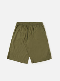 A pair of Olive Broadcloth Vacation Shorts is shown laid flat against a plain white background. The shorts feature a relaxed, wide-leg cut with an elasticated waistband and a tonal olive green drawstring. Key details include two side slip pockets and a clean, lightweight cotton broadcloth texture.