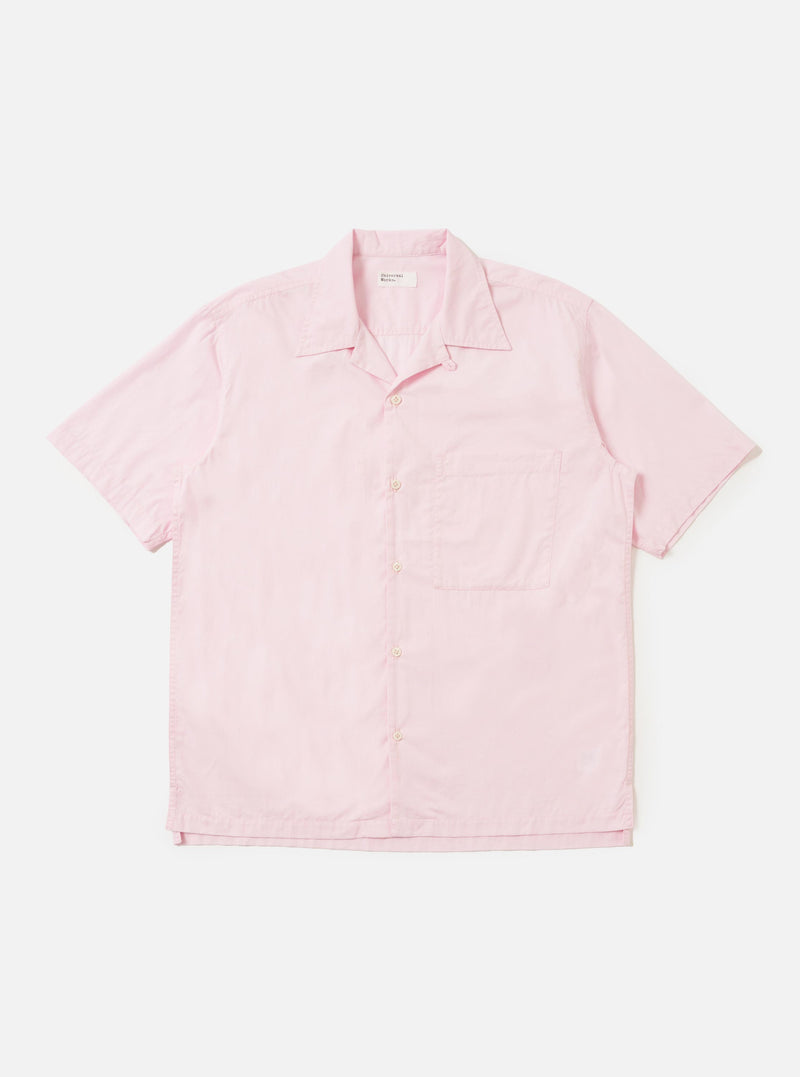 The Pale Pink Broadcloth Camp Shirt is shown laid flat against a plain white background. The shirt features a camp collar, a single chest pocket on the left side, and a full button-down front with tonal buttons.