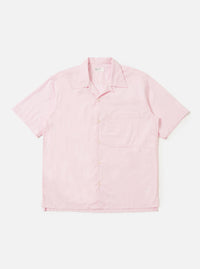 The Pale Pink Broadcloth Camp Shirt is shown laid flat against a plain white background. The shirt features a camp collar, a single chest pocket on the left side, and a full button-down front with tonal buttons.