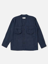 The Navy Linen Cotton Shirting Parachute Shirt is shown laid flat against a solid white background. The garment features a collarless V-neckline with a cardigan-style button front, two large 3D bellows pockets on the chest with buttoned flaps, and two vertical welt hand pockets near the hem. The shirt has long sleeves with adjustable button cuffs and a straight hem with an internal drawcord.