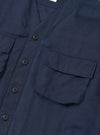 The Navy Linen Cotton Shirting Parachute Shirt is shown from the back, laid flat against a plain white background. The image highlights the back yoke and two small pleats that provide a relaxed fit.