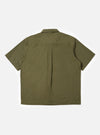 The back of the Olive Broadcloth Ewan Shirt is shown laid flat against a plain white background. The image highlights the short sleeves, a straight hem with small side splits, and a horizontal back yoke with a central box pleat for a relaxed fit.