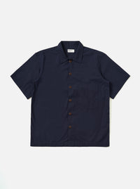 The Navy Paper Touch Cotton S/S Fatigue Shirt is shown laid flat against a solid white background. This short-sleeved overshirt features a dark navy color, a classic pointed collar, a full button-down front, and a single large patch pocket on the left chest. The garment has a straight hem and a loose, boxy fit.
