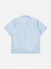 The Sky Blue Paper Touch Cotton S/S Fatigue Shirt is displayed flat against a plain white background. The shirt features a crisp sky blue cotton fabric, a classic pointed collar, a full button-down front, and two large utility-style patch pockets on the chest. The short sleeves and straight hem are clearly visible.