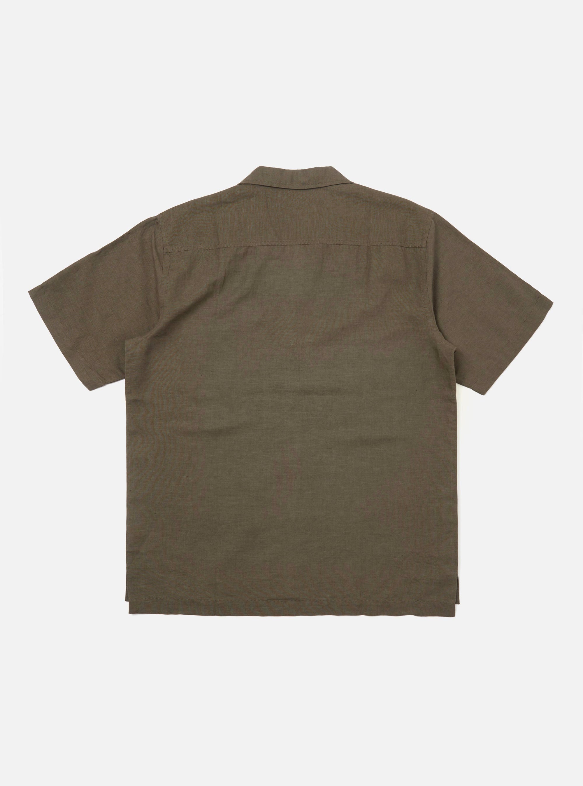 The back of the Olive Linen Cotton Shirting Camp Shirt is displayed flat against a plain white background. The shirt features a straight hem, short sleeves, and a simple horizontal yoke across the shoulders.