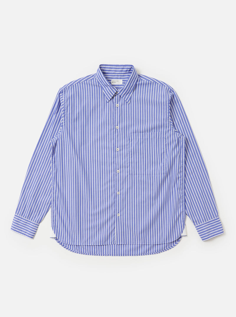 The Blue/White Cotton Stripe Square Pocket Shirt is shown laid flat against a plain white background. The shirt features vertical blue and white stripes, a classic pointed collar, a full button-down front, and a prominent oversized square chest pocket on the left side. The long sleeves are visible, and