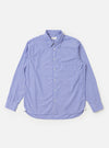The Blue/White Cotton Stripe Square Pocket Shirt is shown laid flat against a plain white background. The shirt features vertical blue and white stripes, a classic pointed collar, a full button-down front, and a prominent oversized square chest pocket on the left side. The long sleeves are visible, and