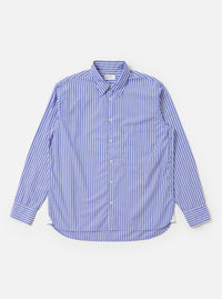 The Blue/White Cotton Stripe Square Pocket Shirt is shown laid flat against a plain white background. The shirt features vertical blue and white stripes, a classic pointed collar, a full button-down front, and a prominent oversized square chest pocket on the left side. The long sleeves are visible, and