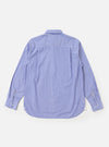 The Blue/White Cotton Stripe Square Pocket Shirt is displayed from a rear-view angle, laid flat against a solid white background. The image highlights the horizontal alignment of the blue and white stripes across the back yoke and the vertical orientation throughout the body of the shirt. Key features shown include the long sleeves and a slightly curved hem.