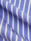 A close-up fabric swatch of the Blue/White Cotton Stripe Square Pocket Shirt shows a detailed view of the material. The pattern consists of thin, vertical blue and white stripes on a textured cotton weave.