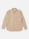 The Brown/White Cotton Stripe Square Pocket Shirt is shown laid flat against a solid white background. The garment features vertical brown and white stripes, a classic pointed collar, a full button-down front, and two large square patch pockets on the chest.