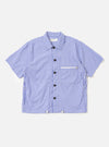 The Blue/White Cotton Stripe Z Tech Overshirt is shown laid flat against a solid white background. The garment features a vertical blue and white stripe pattern, a classic pointed collar, and a full button-down front. A single vertical zipped pocket is prominent on the left chest. The overshirt has long sleeves with elasticated cuffs and an elasticated drawcord hem.