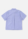 The Blue/White Cotton Stripe Z Tech Overshirt is shown from the back, displayed flat against a plain white background. The image highlights the horizontal blue and white stripes, a straight hem, and a back yoke with a central hang loop.