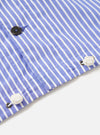 The Blue/White Cotton Stripe Z Tech Overshirt is displayed from the back, laid flat against a plain white background. The image highlights the horizontal back yoke and a central box pleat, showcasing the fine blue and white vertical stripe pattern of the cotton fabric. The elasticated hem is prominent at the bottom of the garment.