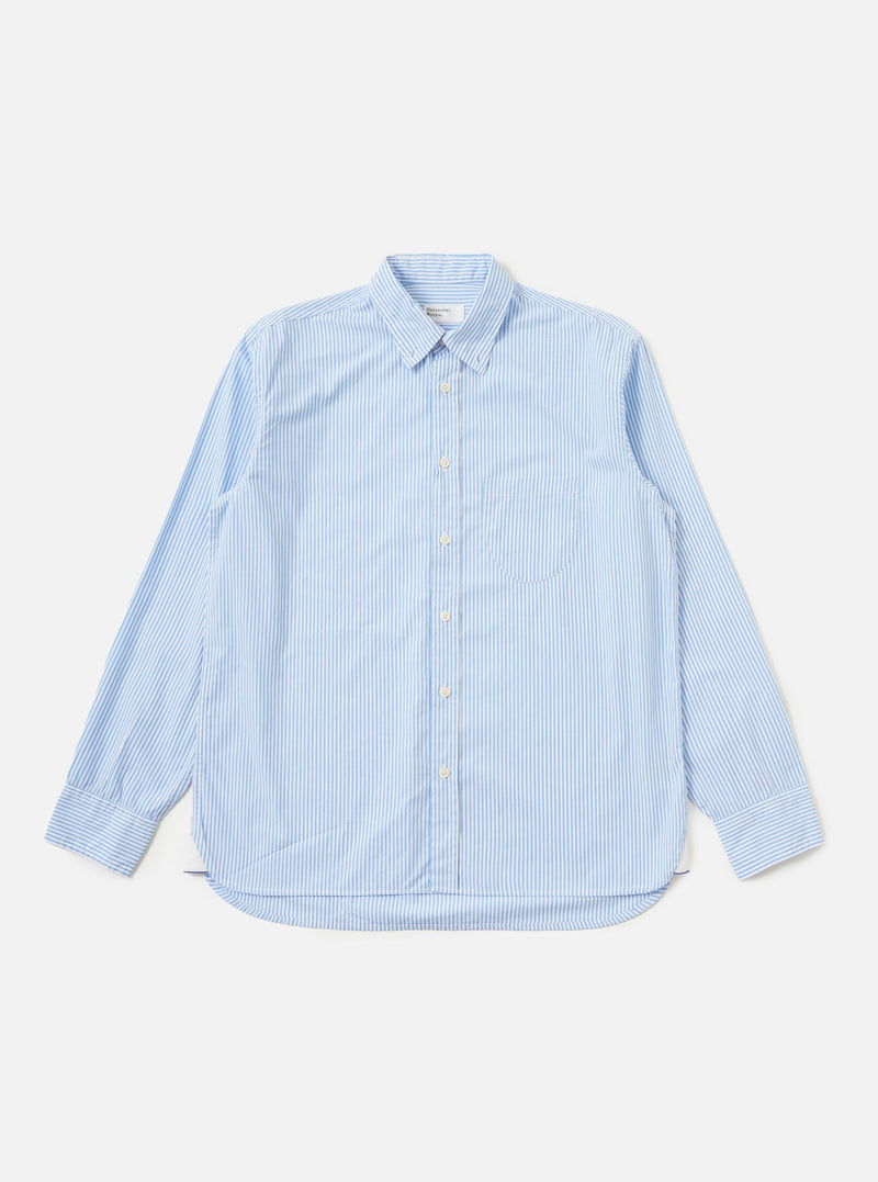 The Sky/White Classic Nipon Stripe Lazy Day Shirt is displayed flat against a plain white background. The shirt features a sky blue and white vertical stripe pattern, a classic pointed collar, a full button-down front, and a single chest pocket on the left side.