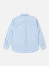 The back of the Sky/White Classic Nipon Stripe Lazy Day Shirt is displayed flat against a plain white background. The image highlights the horizontal back yoke and a central box pleat, showcasing the shirt's relaxed construction and the fine sky blue and white vertical stripes.