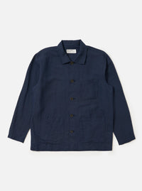 The Navy Linen Cotton Shirting Bakers Overshirt is displayed flat against a plain white background. The garment features a classic collar, a full button-down front, and three prominent patch pockets on the torso. The fabric has a visible textured linen-cotton weave in a deep navy blue color.