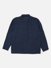 A navy blue linen-cotton blend Bakers overshirt is shown against a plain white background. The garment features a five-button front closure, a one-piece collar, one asymmetric chest pocket, and two large lower patch pockets. It has a straight-cut hem and plain, unbuttoned cuffs.
